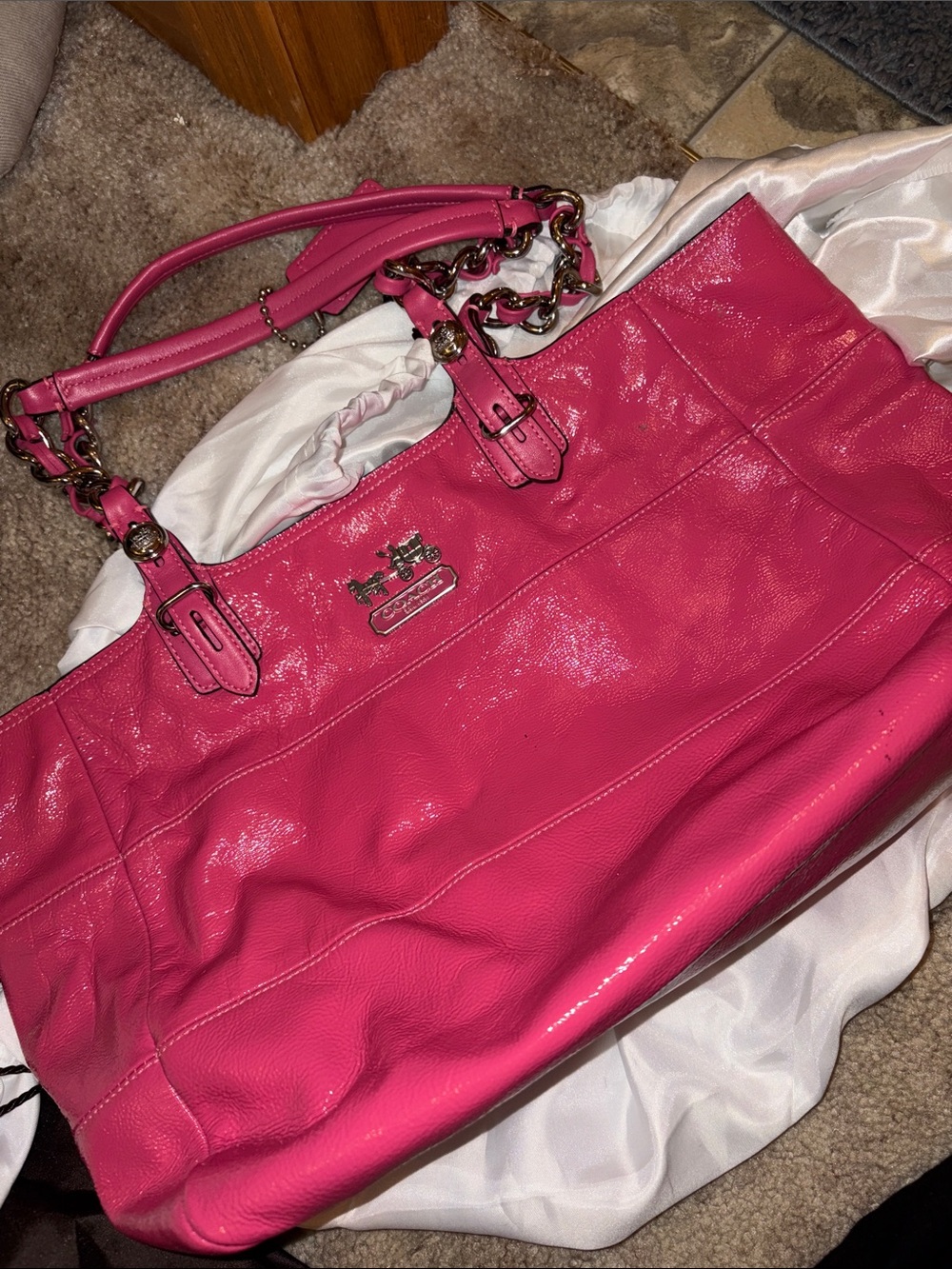 Coach Tribeca Hot Pink Patent Leather Chain-Handle Shoulder Bag